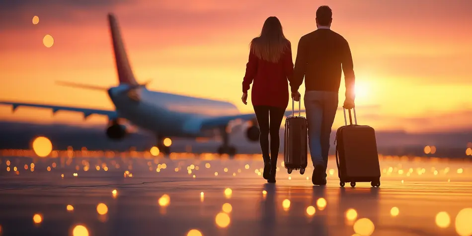 Couple strolls together with their suitcases heading towards airplane sunset creating romantic adventurous atmosphere travel exploration