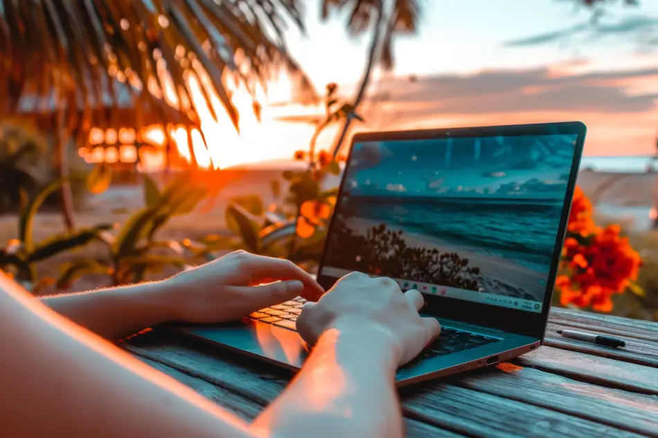 Diverse young people being digital nomads working remotely from dreamy locations (2)